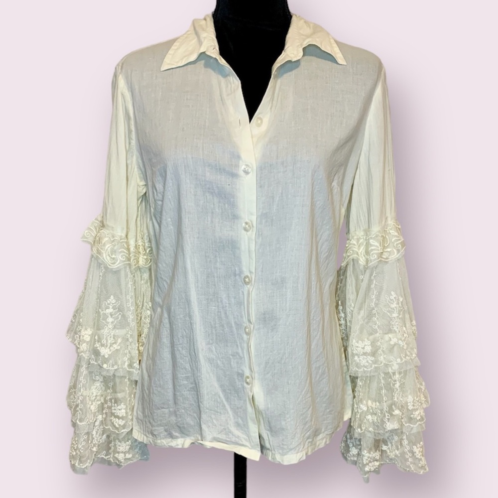 Newport News Cream Lace Tiered Bell Sleeve Button-Down Blouse